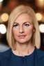 Placeholder: Powerful classical portrait of a modern blonde politician in blue top