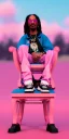 Placeholder: Snoop dogg, sitting. a chair. pink houses, pink sky, pink smoke, trees, outdoors. Groove street. 28mm