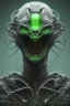 Placeholder: green alien, head, evil, black eyes, big silver teeth, weapons, blood, 8k, finely detailed, photo realistic, HR Giger style