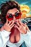 Placeholder: an young woman leaning forward(cropped tightly from between nose and stomach, white top with wide neck opening, cleavage, hands at face with surprised expression, home alone scream, wavy hair, large cheep colorful sunglasses, gloss lips), nuclear explosion and classic Cars in background, greaser, digital painted illustration