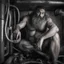 Placeholder: close up shot photography, ugly wet arab beefy plumber repairs boiler, burly, shirtless, hairy allover, manly chest, long beard, 42 years old, dressed in broken dirty boxer, big thighs, seen from below, frontal view, ambient occlusion, side light