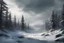 Placeholder: a forest scene, cold, windy, snowy, ruthless forest, scary, cinematic, Tundra region