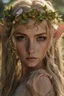 Placeholder: Pointed elven ears,Blonde hair ,Pink dress,Sparkling fairy wings,Very long golden hair,Fairy crown,pointed ears,elven ears,fairy wings,water lilies,sparkling,glittering,flowers,blossoms,golden crown,light pink dress