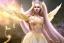 Placeholder: beautiful, very soft, smiling, very straight and long blonde hair, dewy and shiny vibe, diamond crown, long fairy wings in the back, full head, golden veil clothes, smiling, bachground lights pink and blue