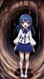 Placeholder: Anime girl with big eyes, darkblue and sepia tones, fullbody, slime, the perspective looking up from the bottom of an empty well, rolling eyes, tongue out, blood drip, open mouth,