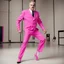 Placeholder: Et voila: John Cleese with massive muscles in a pink battlesuit pink gloves and pink high heel boots. The Ministry of Silly Walks.