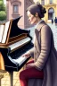 Placeholder: One single mature cat lady playing piano on the street, Vienna, friendly, model style, hyper realistic, extremely accurate, delicate, extremely detailed, Graphic novel style, wide-angle, open aperture, superfine pencil