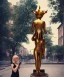 Placeholder: Statue of Queen of photography. Cute blonde woman. Photographer in golden crown. Standing on the street. Big camera in her hand. hyperdetailed, photorealistic, trending on artstation, greg rutkowski, beksinski, kodachrome, lomography, golden hour, bokeh, volumetric light