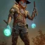 Placeholder: Insanely detailed photograph of an “ a midevil cowboy warrior "with worn Sombrero, handsome charo,cigar,glowing bluish green orb in outstretched hand, hyperdetailed painting by Ismail Inceoglu Huang Guangjian and Dan Witz CGSociety ZBrush Central fantasy art album cover art,8K, hdr, mysterious, flickeringlights ,Stoic