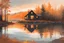 Placeholder: Near the Cross, looking out window, modern, autumn, golden hour, forest cabin, lake, reflections, peaceful, at dawn by atey ghailan, A soft-focus image of morning casting a warm glow, created in inkwash and watercolor, art style of Olivier Coipel, HACCAN, illustrator 由良 Yura, 山田章博 Yamada Akihiro, 四々九 Yoshiku, GANMO＃, highly detailed, gritty textures,