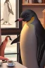 Placeholder: young woman talk to a penguin friend in coffee-shop