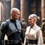 Placeholder: a bold and heroic bald male Corellian pilot in black and grey First Order special forces gear meets a female Jedi Master in ancient, mystical temple, hyperdetailed, dynamic lighting, hyperdetailed background, 8k resolution, volumetric lighting, light skin, fully symmetric details