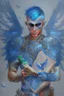 Placeholder: a person in runic armor with blue wings, blue short hair, runic tattoo and spell book