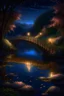 Placeholder: A night bridge in the park, a cozy lonely flashlight is burning, a crystal clear river under the bridge, beautiful flowers around, rose petals on the water, glow professional photo, careful drawing of small details,detailed digital painting, high image detail 120k, fine detailed drawing, perfect angle, professional photo, HDR, UltraHD, many details, pixel study, hyperreal, 9D, hyper detail, photorealism, ultra high graphics, realistic, hyper clarity