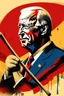 Placeholder: stylized stencil portrait of Joe biden in solid red, beige and dark blue with the the script 遵守 on the bottom of the image in yellow with a hammer and scythe in the background