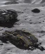 Placeholder: Crashed photorealistic futuristic industrial mechanical mechwarrior space ship on the lunar surface