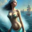 Placeholder: A beautiful portrait of haifa wahbi as a mermaid , leaning on a ships deck ,Rough sea in the background, (digitall art by Eugene de Blaas and Ross Tran, vibrant color scheme, highly detailed, in the style of romanticism, cinematic, artstation best quality, realistic lighting, masterpiece portrait, details light dusting , cowboy shot from above, simple chain hauberk Vector art digital illustration 3D shading )