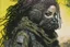 Placeholder: front facing full length portrait illustration of a grunge armored female with beaded dreadlock hair cyberpunk vampire mercenary with gas mask, telecommunications headset, and shemagh, highly detailed with gritty post apocalyptic textures, toxic irradiated landscape, finely detailed facial features and hair, in the graphic novel style of Bill Sienkiewicz,