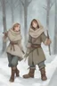 Placeholder: DnD style, two medieval peasant kids playing in the snow, female age 14 and male age 15, happy and playful, he has a short sword.