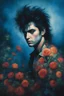 Placeholder: Chiaroscuro lighting, deep shadows, rich deep colors, facial portraits, 1980, 42-year-old Elvis Presley, ((1980's big hair, long, teased up Spikey Motley Crue style hair)), black hair, facial portraits, foggy, cloudy blue wall with assorted designs and multiple floral arrangements in the background, 4k, 8k, 16k, 32k, 100k UHD, Ultra-Hyper Resolution, dark, sultry eyeshadow, eyeliner, mascara, rouge, lipstick,