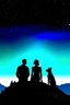 Placeholder: black background on a mountaintop and three silhouettes of a fit man, a silhouette of a fit woman, and silhouette of a Belgian malinois sitting next to the men and the woman looking at the stars