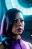 Placeholder: Aubrey plaza, Futuristic cyborg, portrait from waist up, vibrant hair color, vibrant eye color, intricate eyeliner, vibrant eyeshadow, clear completion, soft lighting, 4k resolution, intricate details, insanely detailed, colorful cityscape background, masterpiece, expert, cinematic smooth, retroanime style, realistic details, no helmet