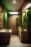 Placeholder: Generate a restroom only for visits. Made out of wood and light. With vegetation and plants.