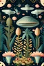 Placeholder: UFO and botanical pattern wallpaper, arts and crafts style