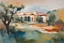 Placeholder: an abstract, dramatic, painting of an idyllic 16th century Spanish villa set amidst an ancient olive grove landscape, in the imagery-stain painting style of Helen Frankenthaler, muted natural colors, museum quality masterpiece