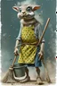 Placeholder: artist Jean-Baptiste Monge style. a unhappy, disgruntled biomorph tall lanky skinny fuzz-headed old dust bunny. skinny arms, legs and body. covered all over in bits of dust and dirt. blue eyes. A yellow dotted green raggedy apron. holding a mop and pail. standing in a cloud of dust. large bits of dirt flying around his head. In Style of Tim Burton