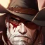 Placeholder: Clear focus, High resolution, max detail, Portrait, bearded, Gunslinger, Cowboy, cowboy hat, serious face, Blood Splatter