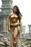 Placeholder: super beaty woman, good body, big bubs, nice body, model style, milf, dress a small golden armour, asiatic, cape, rude mode, stay on ansient temple ruins.