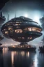 Placeholder: in space, a misty raft modular house boat that looks like a dark twisted alien space ship, in advanced hi tech dock, bokeh like f/0.8, tilt-shift lens 8k, high detail, smooth render, down-light, unreal engine, prize winning