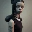 Placeholder: jenna ortega, wednesday addams hair style, wednesday make up, wednesday trend addams black dress, cinematic, addams family wednesday style, hyper detail, octane render, unreal engine 5, 8k resolation