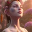 Placeholder: 3d smilling woman,topless,full body shown, 32K, intricately detailed, plants, flowers, colorful, rtx, unreal engine 5, art nouveau, clouds, smoke, square type face