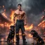 Placeholder: Hyper Realistic photographic-view of Handsome-&-Muscular-Shirtless-Happy-Male-Firefighter-black-hair Saves an adorable Rottweiler from a heavy-fire in an amusement park with destruction & burned-marks-everywhere at dark-rainy-night showing dramatic & cinematic ambiance.