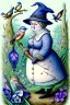 Placeholder: Friendly witch, playing with robins and bluetits, perfect iris, pastel colours, style Beatrix Potter