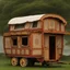 Placeholder: Old fashioned gypsy wagon decorated, curtains fluttering in the wind,