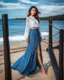 Placeholder: young lady wearing beautiful maxi blue skirt and elegant long shirt standing in beach posing to camera ,upper body shot,ships in sea ,blue sky nice clouds in background