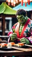 Placeholder: a hulk eating sushi with chopsticks, wearing a colorful kimono, moody good lighting, best quality, xt3, outdoor, beautiful light, raw photo, 8K UHD