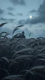 Placeholder: Windblown grass with winds with clouds and moon in the background, high quality picture 8k, beautiful cinematic lighting and all gray colors , dark old building in the background in a far distance