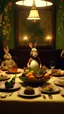Placeholder: frame from a Wes Anderson film, full shot of the rabbit family at a sober celebration dinner in the Garden of Earthly Delights, small electric light bulbs on the table, birds on the table, grapes hanging, elegant and perfect composition