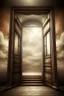 Placeholder: magic doorways. behind first door glass glossy staircase made of clouds leads up to the heaven. behind second door staircase made of stone leads down to the hell