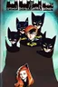 Placeholder: Act like a book cover designer. Use batman comic style. Grimmy black cat and a group of three teenagers (13-15 years old) - two brothers with ginger hair and frickles with a brown-haired girl. Environment: old town.