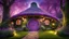 Placeholder: hobbit cottage in the woods surrounded by trees with fairy lights with a whimsical like feel, with pinks, blues, purple colors, circular hobbit-style door, fairy lights, circular hobbit-style windows, fairy lights, green grass roof, fairy lights, illustration