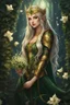 Placeholder: Dark green hair,Rapunzel hair,golden armor,night,sparkle,lily of the valley,ivy,elven warrior,elven ears,burgundy,green,gold,elven crown,extremely long hair