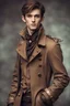 Placeholder: handsome elf man of twenty years old, with brown eyes, short brown hair, dressed in a steampunk style trench coat.