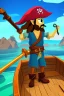 Placeholder: Cartoony Captain Jack Sparrow sailing on a small boat, in the middle of blue oceans, Legend Of Zelda: Wind Waker style, stylized, colorful, adventurous.