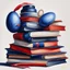 Placeholder: oil painting, in the style of Easter illustrations, midnight blue and red, stack of books with airbrush tape, white background only