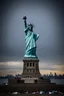 Placeholder: the statue of liberty, dress tattered an torn, her face solemn and terse, trash littered at her feet, the skyline dark and grungy
